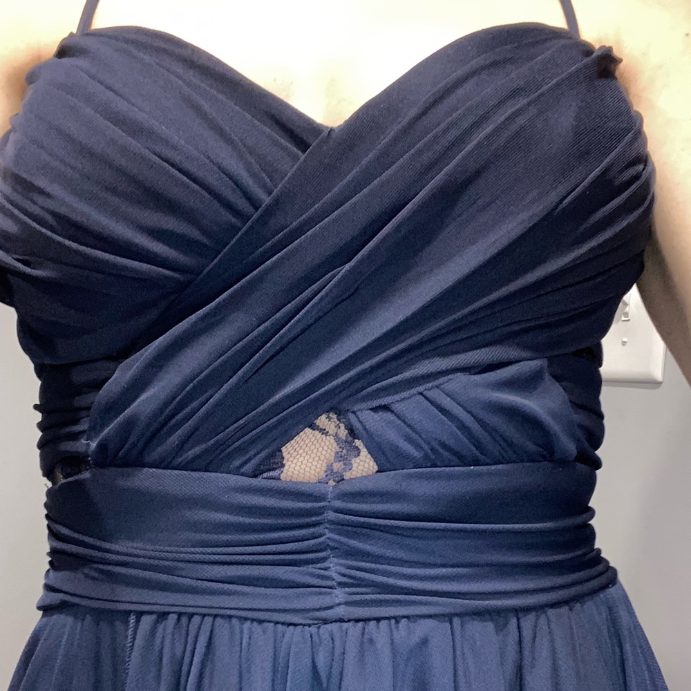 Navy High low prom/wedding/bridesmaid dress with crossover and lace details